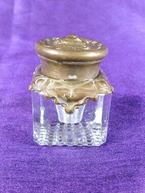Small Cut Crystal Inkwell with Silver Overlay and Lid # 22450